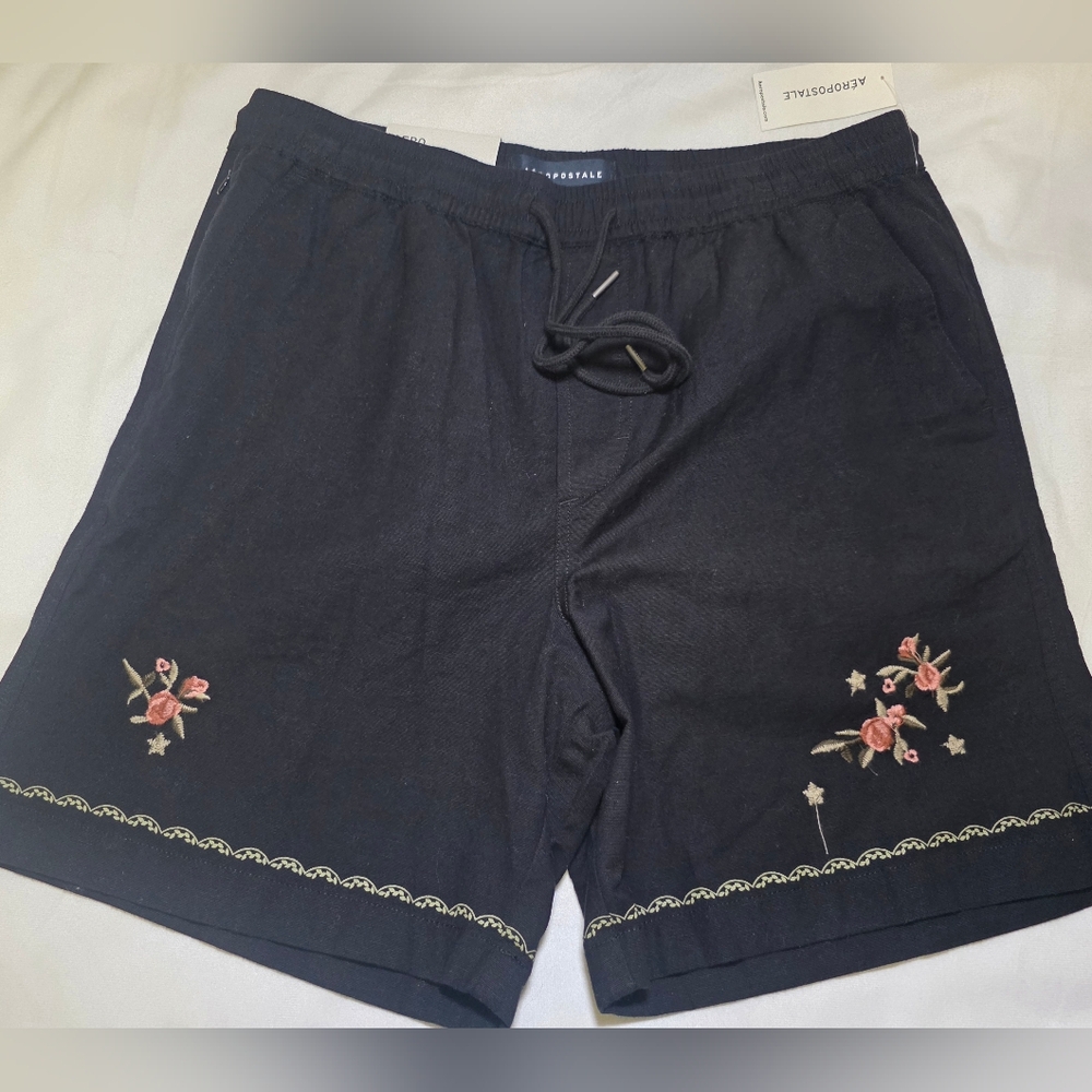 Aeropostale Linen Blend All Day Jogger Shorts w/Pink Floral Embroidery-Sz M NWT